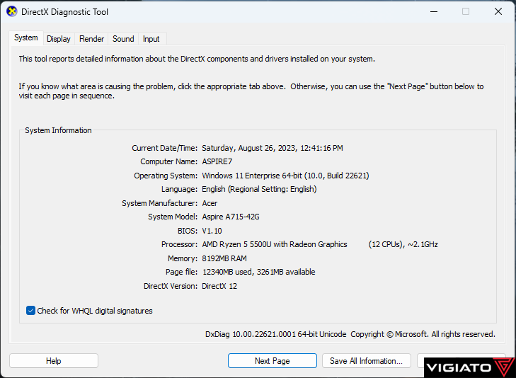 پنجره DirectX Diagnostic Tool